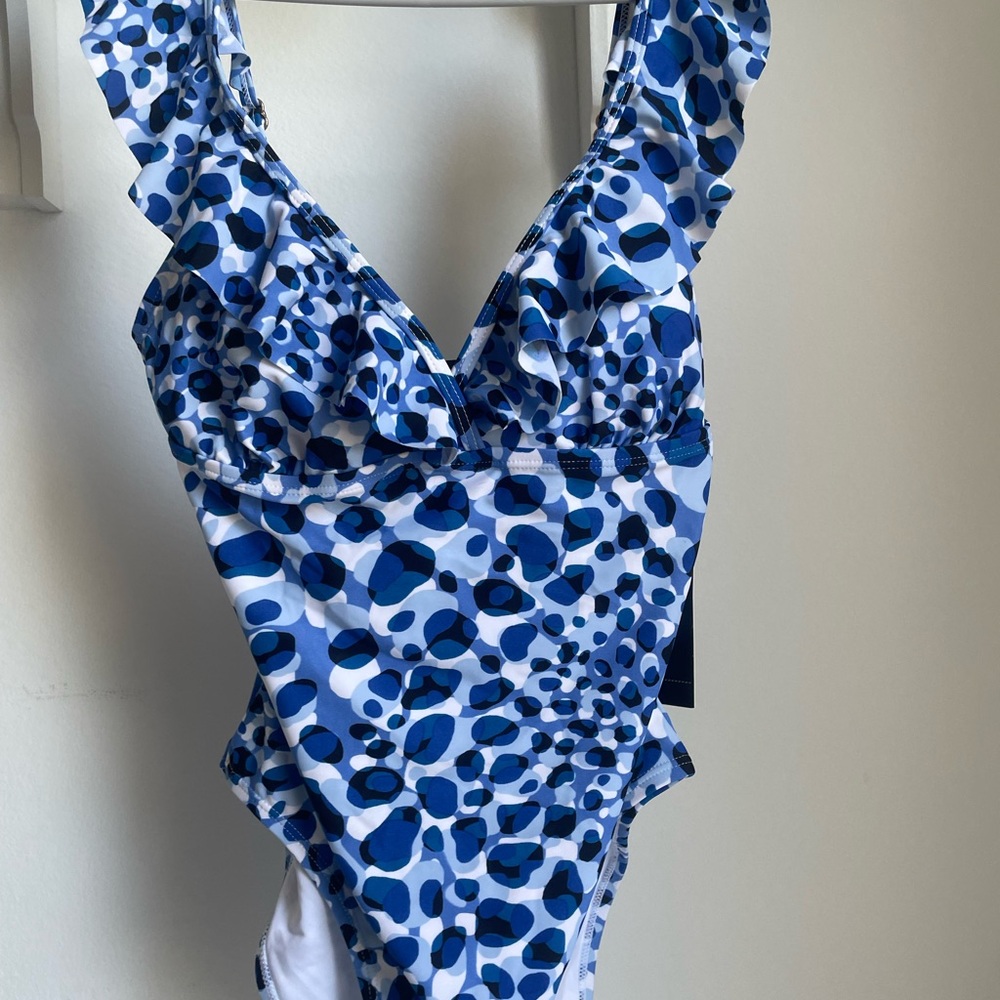 Tahari Blue and White Leopard Print One Piece Swimsuit